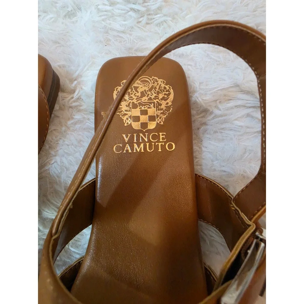 NWT Vince Camuto Stiorra Braided Strappy Flat Sandals Tan Cognac Size 7.5M